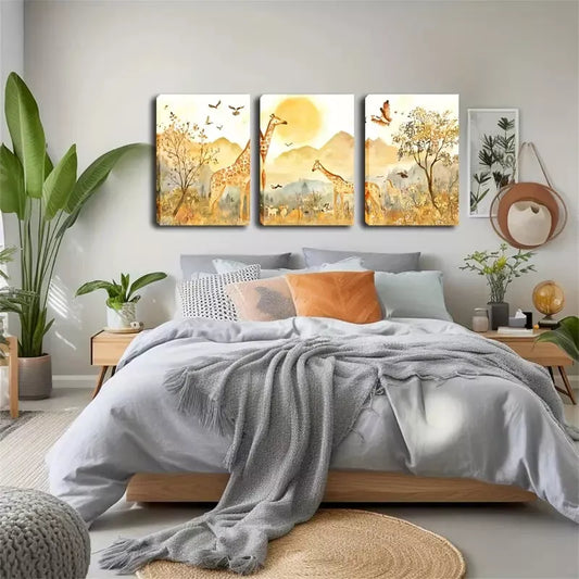 3pcs Products, Sunsets, Giraffes  Wall Art Set Canvas Framed 40x60cm - High Quality Print 100% Australian Made Wall Canvas Ready to Hang