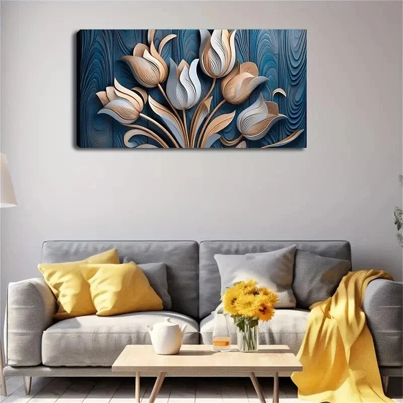 Golden & Light Blue Tulip Wall Art Canvas Office Home Room Framed 120x60cm