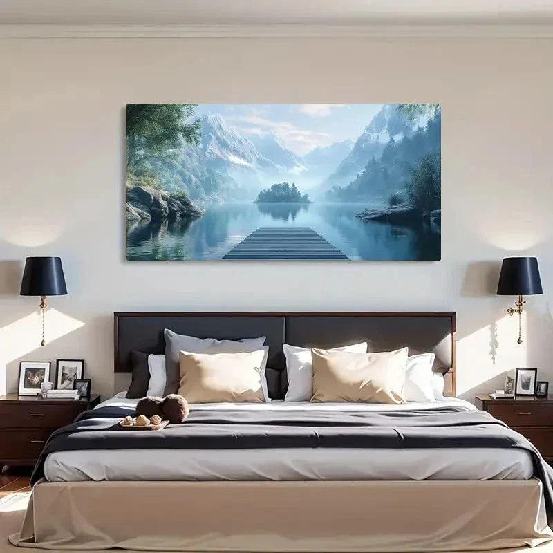 Vintage-Inspired Mountain Lake Wall Art Canvas Office Home Room Framed 120x60cm