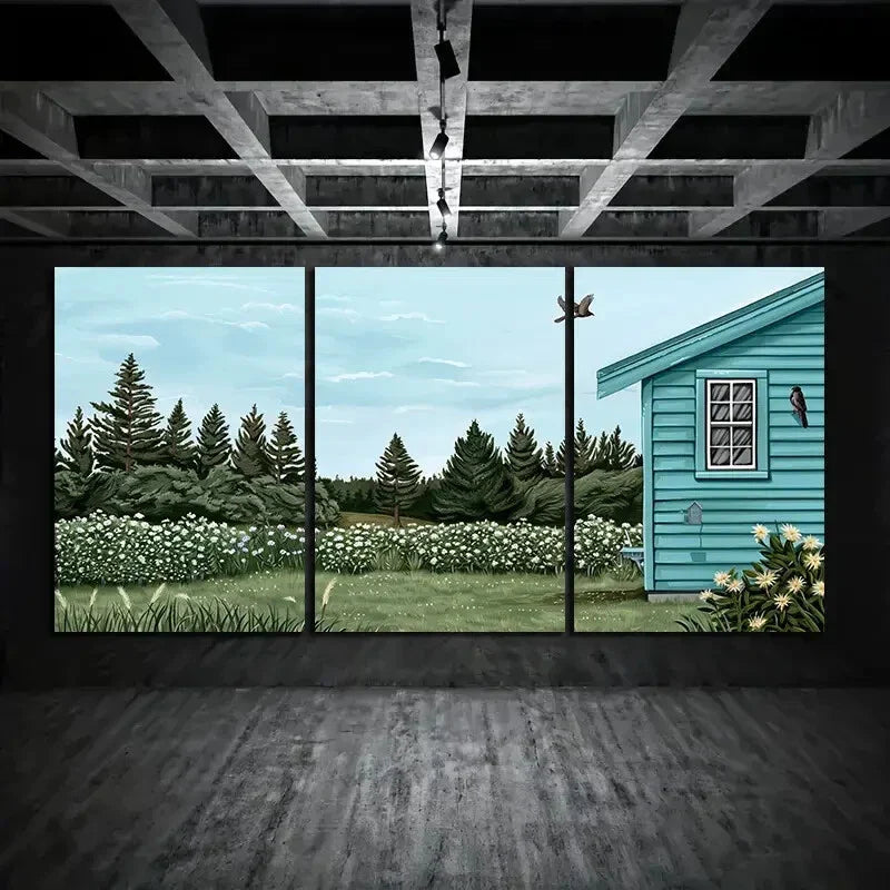 3pcs Rustic Landscape and House Metal Print Ready to Hang Art