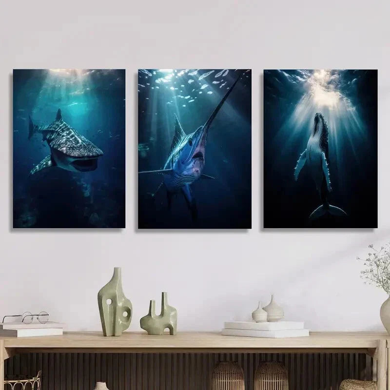 3pcs Whale Shark Swordfish Blue Whale Metal Print Ready to Hang Art