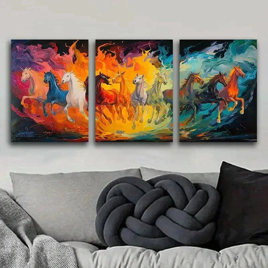 3pcs Horses Running in the Sky Colorful Perfect Wall Art Set Canvas Framed 40x60cm - High Quality Print 100% Australian Made Wall Canvas Ready to Hang