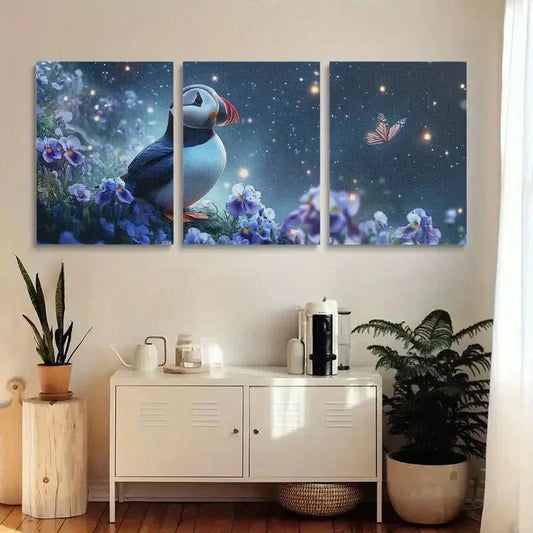 3pcs Charming Puffin Contemporary Metal Print Ready to Hang Art