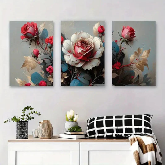3pcs Elegant Abstract Rose Floral Metal Print Ready to Hang Art