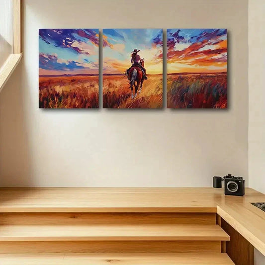 3pcs The Woman on the Prairie, Vibrant Sunset Metal Print Ready to Hang Art