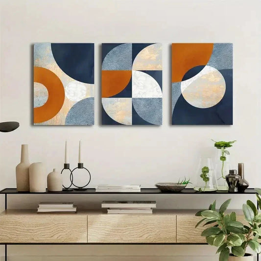 3pcs Navy Blue, Orange & Golden Metal Print Ready to Hang Art