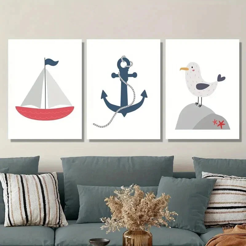 3pcs Cartoon ocean poster navy red sailboat Metal Print Ready to Hang Art