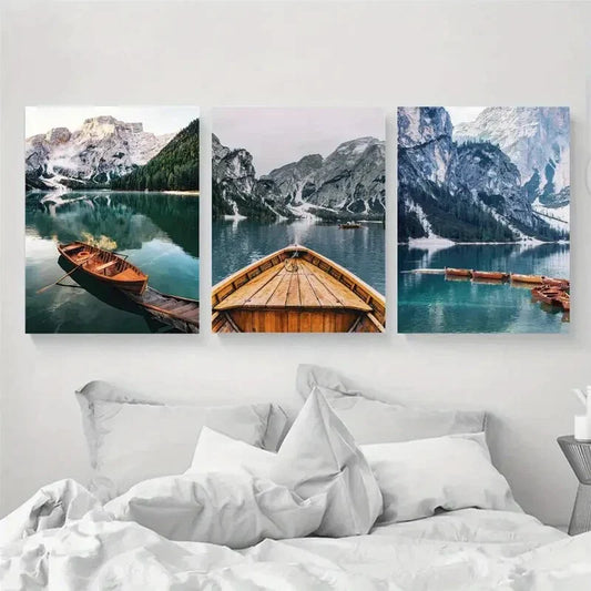 3pcs Mountain Lake Boat Nature Metal Print Ready to Hang Art