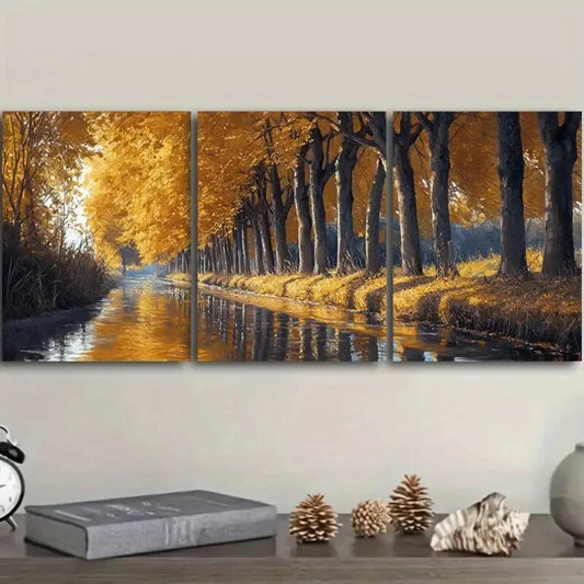 3pcs Golden Autumn River Trees Nature  Metal Print Ready to Hang Art