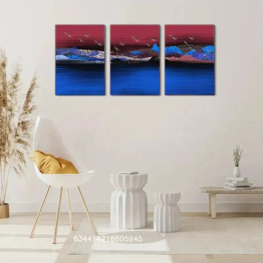 3pcs Mountains, rivers, birds, landscape art Metal Print Ready to Hang Art