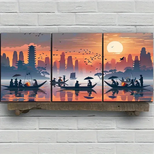 3pcs Fishing Boats Sea Flying Birds Metal Print Ready to Hang Art