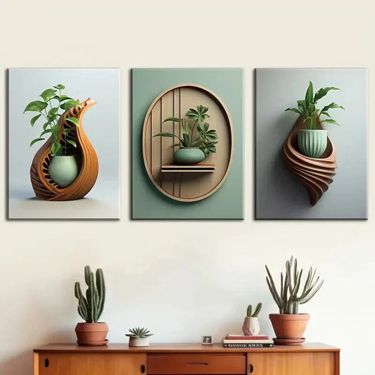 3pcs   Designed with Plant Vase,  Metal Print Ready to Hang Art