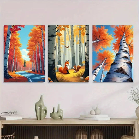 3pcs Autumn Forest Scene Fox and Squirrels Metal Print Ready to Hang Art
