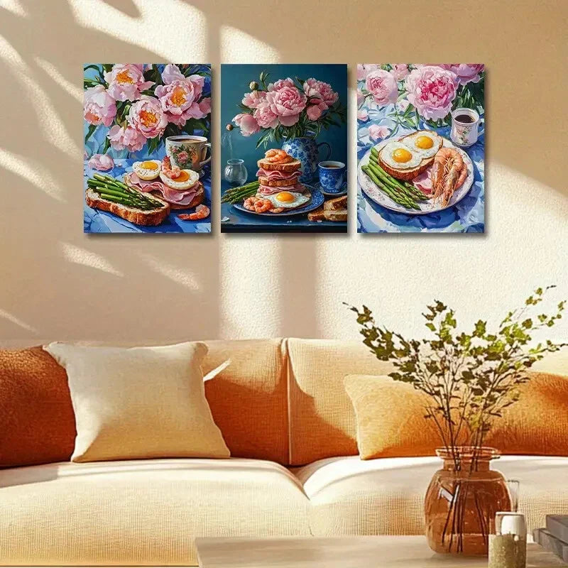 3pcs Breakfast Scene with Flowers Eggs Bacon & Tea Metal Print Ready to Hang Art