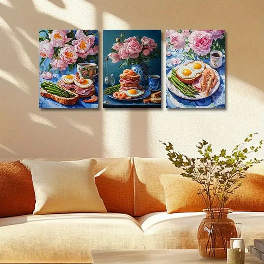 3pcs Breakfast Scene with Flowers Eggs Bacon & Tea Metal Print Ready to Hang Art