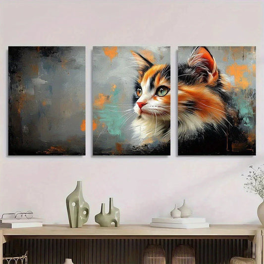 3pcs Calico Cat Oil Painting Modern Abstract Metal Print Ready to Hang Art