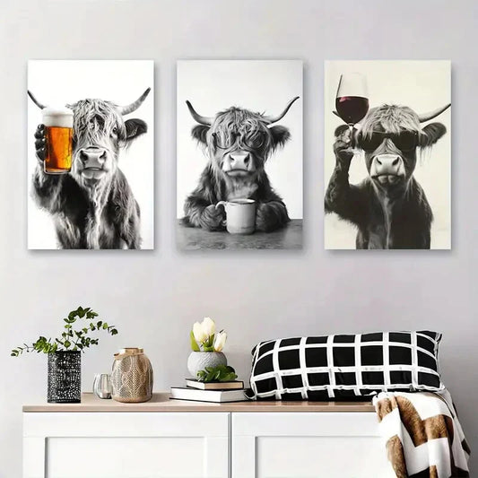 3pcs Black and White Highland Cow Cows with Drink Metal Print Ready to Hang Art