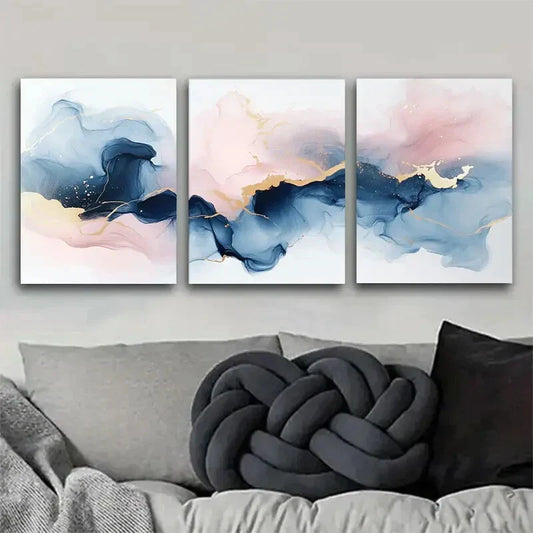 3pcs Abstract Ink Wash Paintings In Shades Of Blue Metal Print Ready to Hang Art