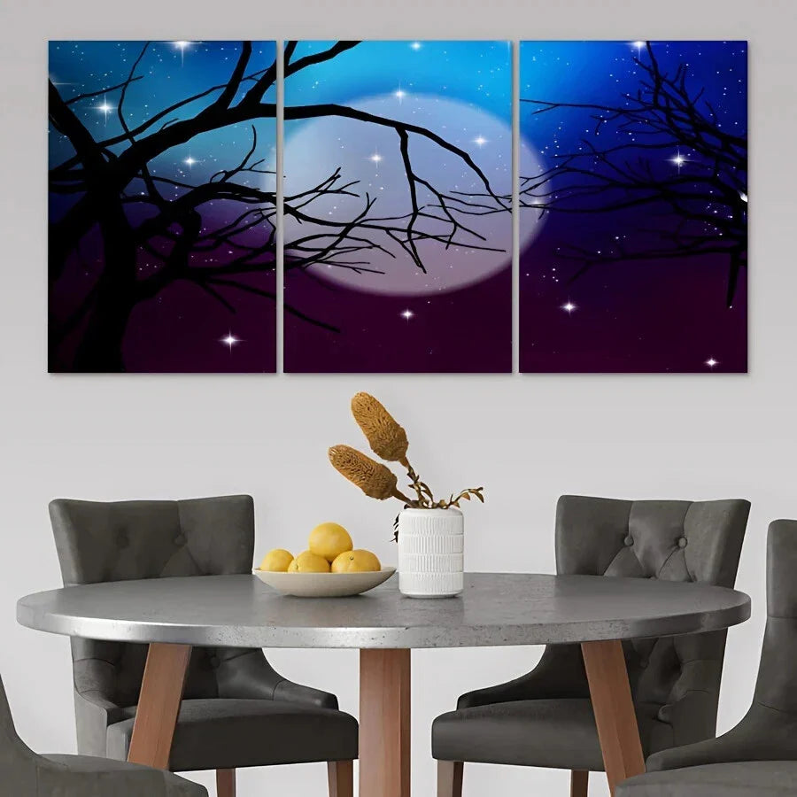 3pcs Halloween Themed Spooky Tree and Moon Design Metal Print Ready to Hang Art