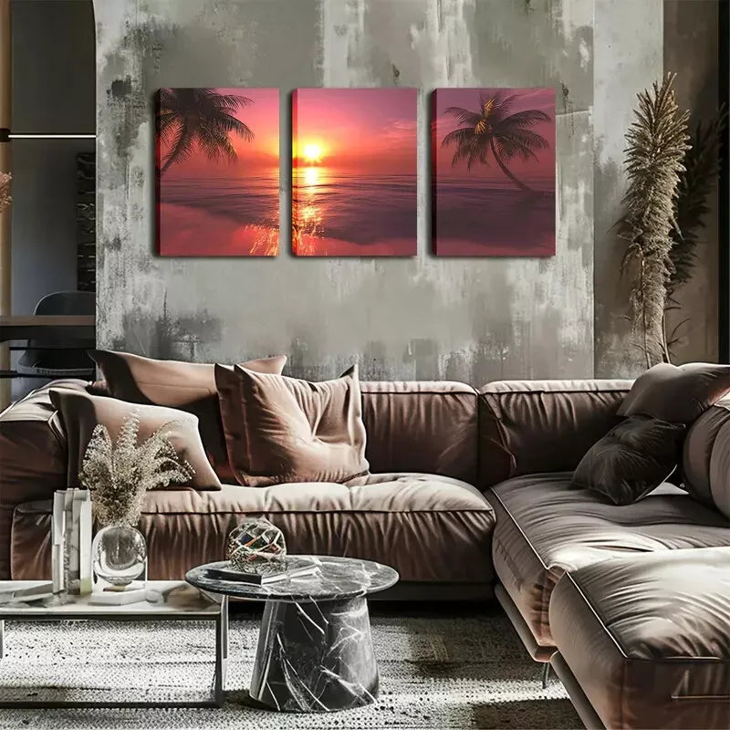 3pcs Ocean, Sunset, Coconut Tree Wall Art Set Canvas Framed 40x60cm - High Quality Print 100% Australian Made Wall Canvas Ready to Hang