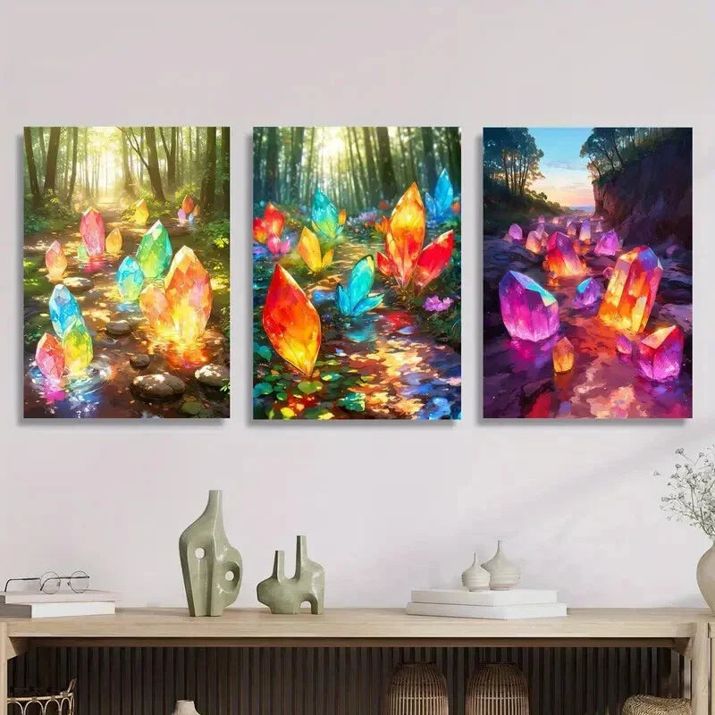 3pcs Colorful magic crystals in the forest  Metal Print Ready to Hang Art