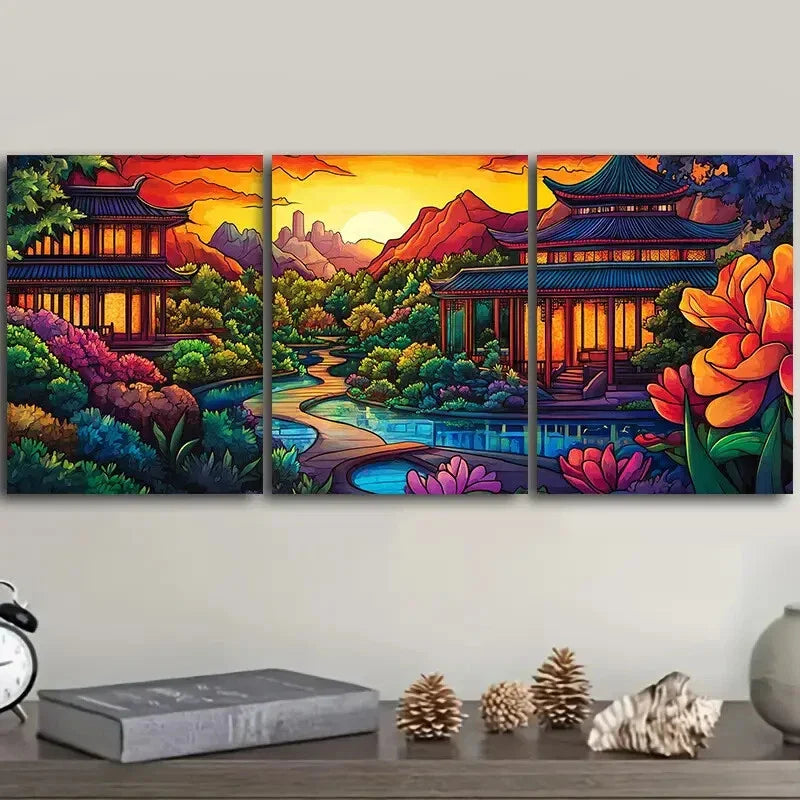 3pcs Colorful ancient Chinese buildings Wall Art Set Canvas Framed 40x60cm - High Quality Print 100% Australian Made Wall Canvas Ready to Hang
