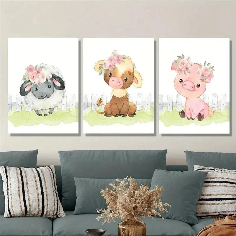 3pcs Watercolor cute calf, lamb and pig,, Metal Print Ready to Hang Art