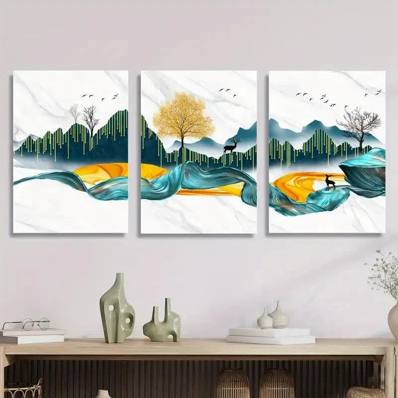 3pcs Abstract Landscape with Money Trees, Metal Print Ready to Hang Art