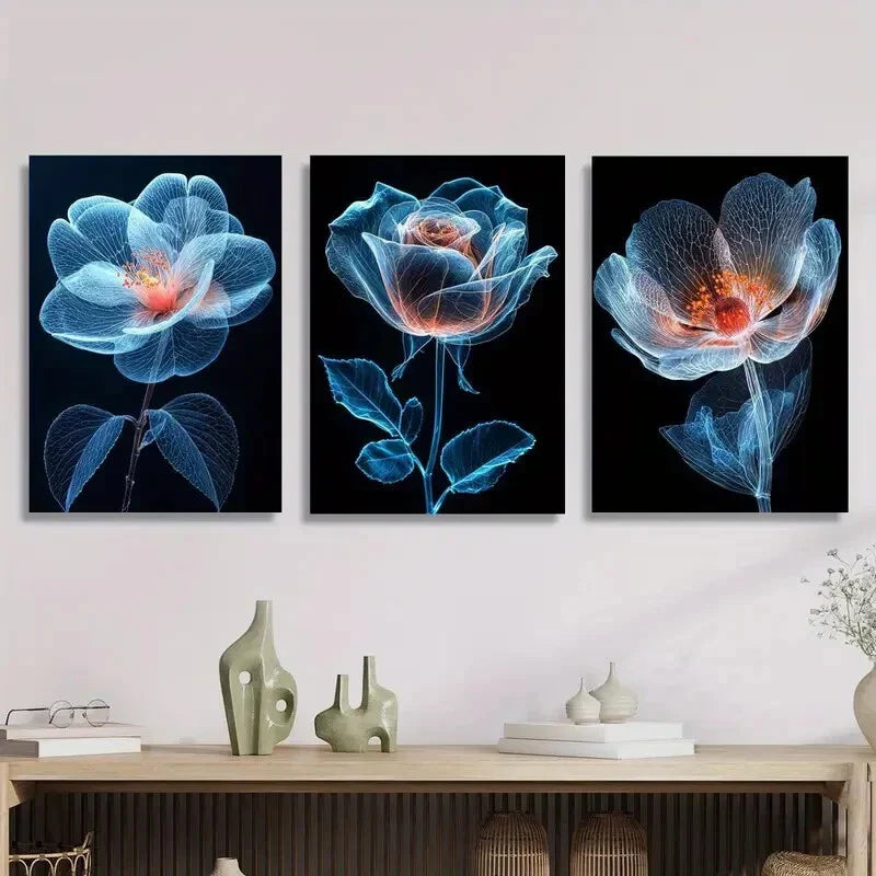 3pcs Blue Flower Illustration, Botanical Flower   Metal Print Ready to Hang Art