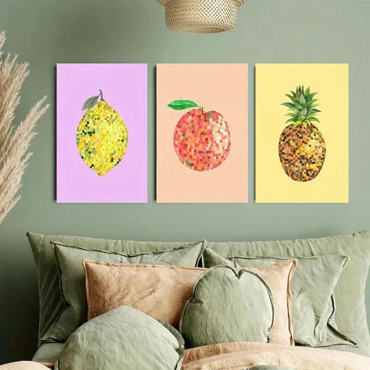 3pcs Disco Ball Pineapple, Peach, and Lemon Metal Print Ready to Hang Art