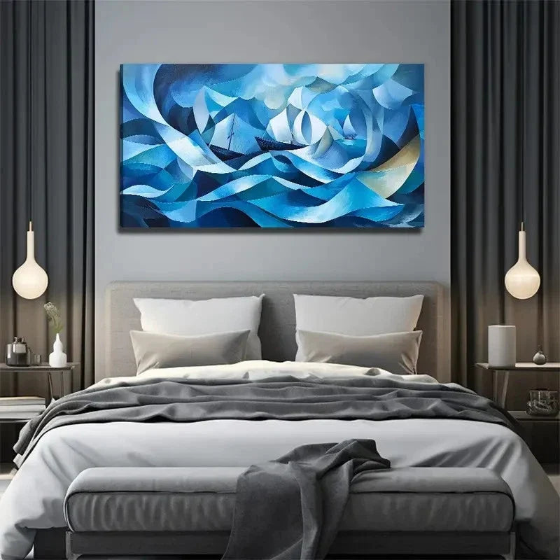 Blue Abstract Cave Perfect Wall Art Canvas Office Home Room Framed 80x45cm