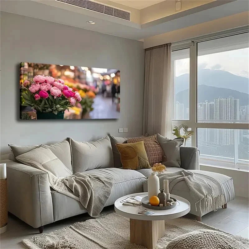 Bunch Of Flower Bustling Street Wall Art Canvas Office Home Room Framed 120x60cm