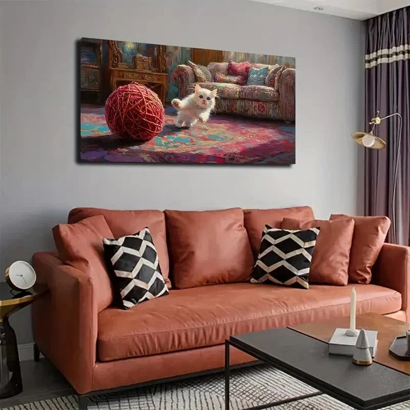 A Scene of a Little White Cat Wall Art Canvas Office Home Room Framed 120x60cm