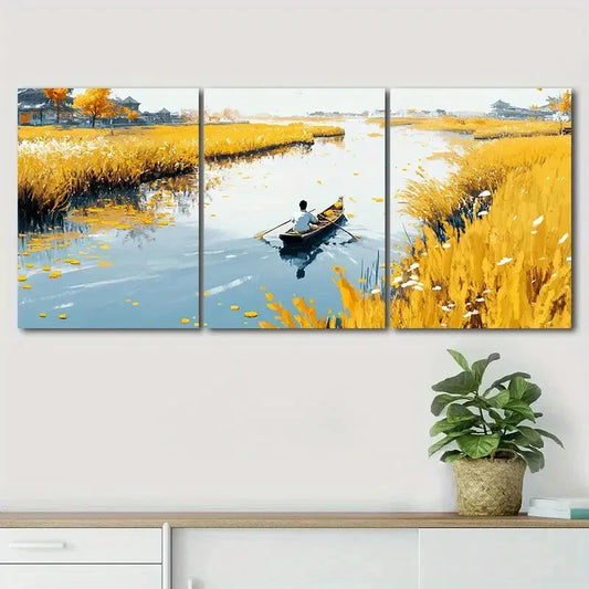 3pcs Stunning Autumn Scenery Boat Perfect Wall Art Set Canvas Framed 40x60cm - High Quality Print 100% Australian Made Wall Canvas Ready to Hang