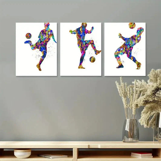 3pcs Colorful Watercolor Football Design Metal Print Ready to Hang Art