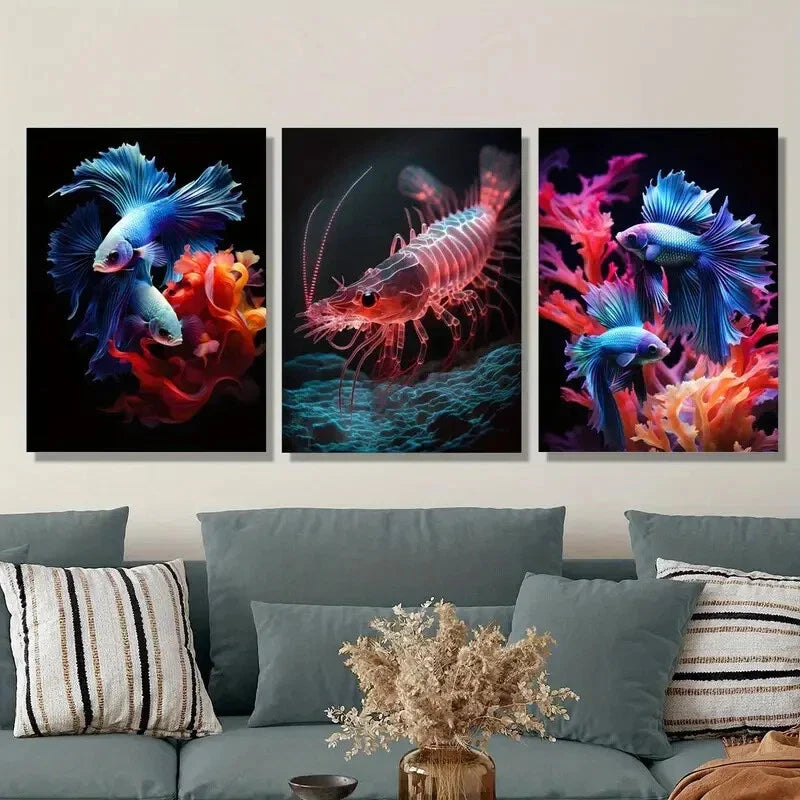 3pcs Fantasy underwater creatures, red shrimp Metal Print Ready to Hang Art