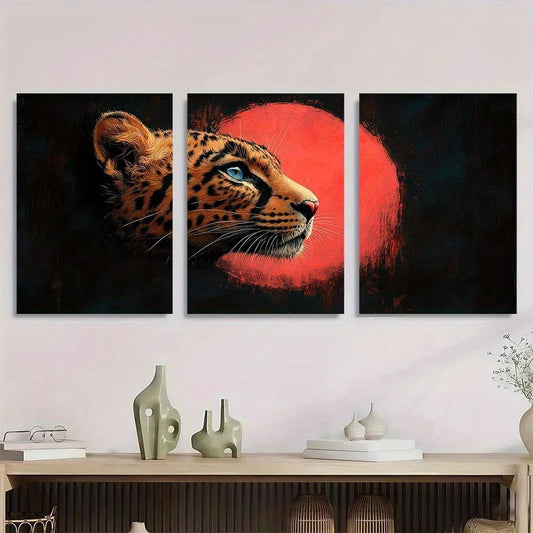 3pcs Vintage Jaguar Striking Red & Black Animal Metal Print Ready to Hang Art