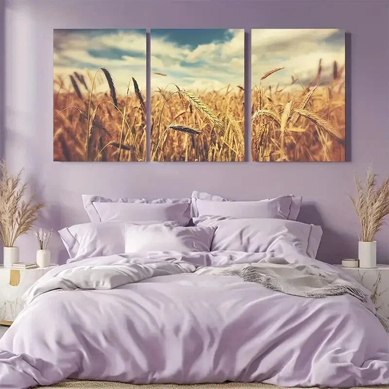 3pcs Golden Wheat Field Photography Farmhouse Metal Print Ready to Hang Art