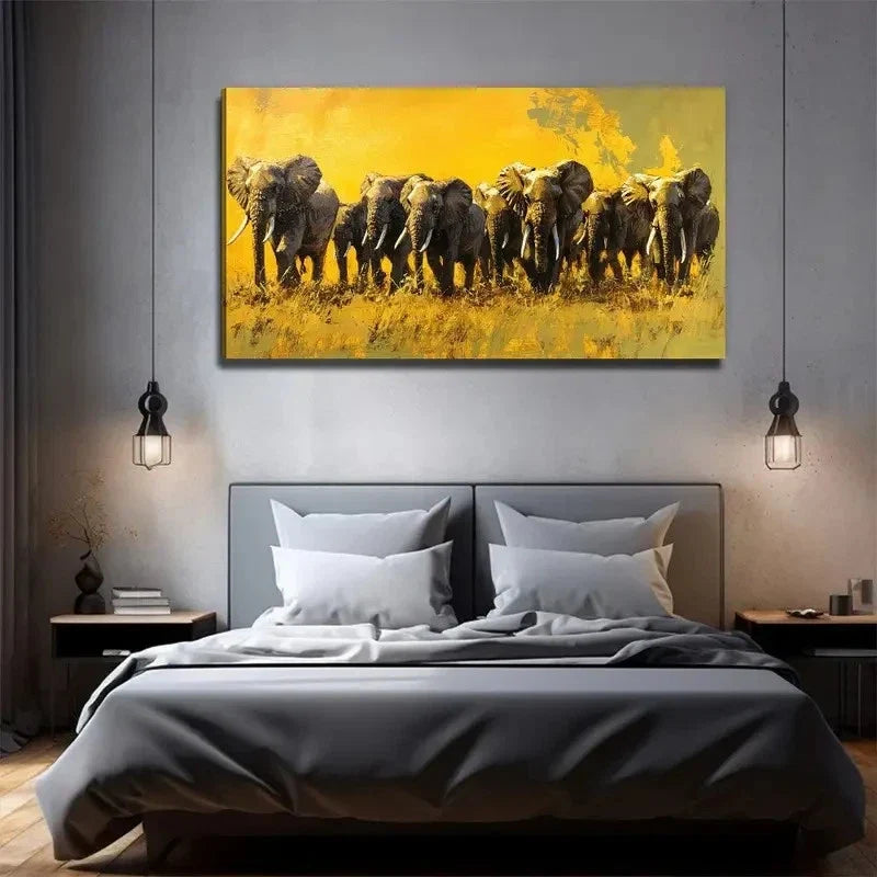 Majestic Elephant Herd Modern Wall Art Canvas Office Home Room Framed 120x60cm