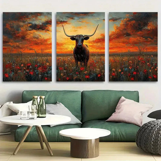 3pcs Majestic Longhorn with Wildflowers Metal Print Ready to Hang Art