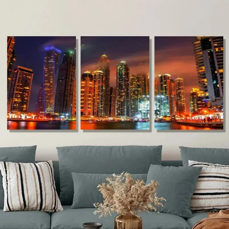 3pcs Dubai Skyline at Night with Lights Metal Print Ready to Hang Art