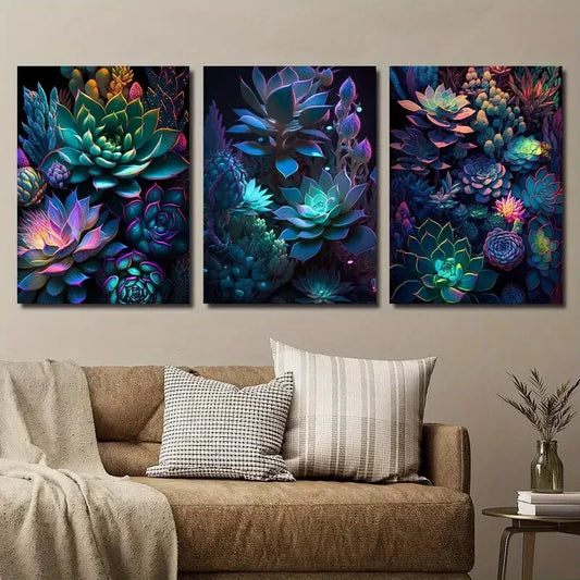 3pcs Dark Succulents Botanical Vibrant Neon Metal Print Ready to Hang Art
