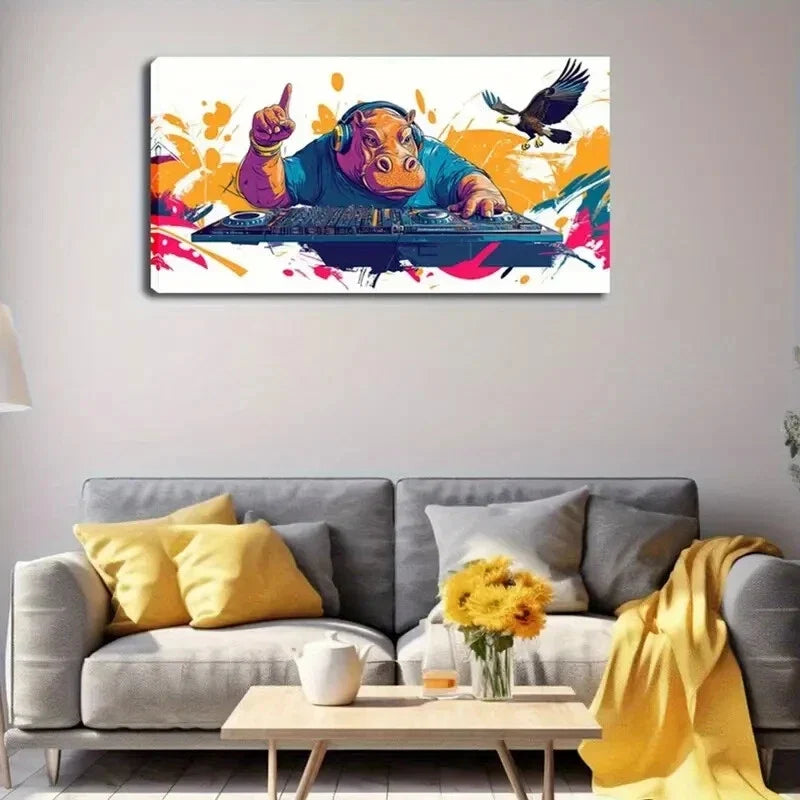 Vibrant DJ Hippo Headphones Wall Art Canvas Office Home Room Framed 80x45cm