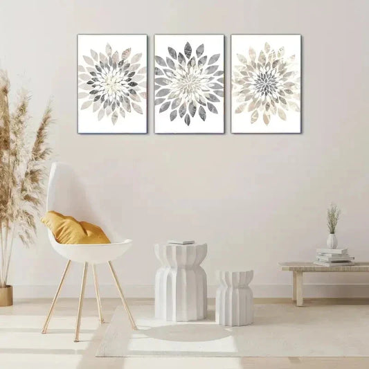 3pcs Modern Abstract Flower Designs in Black White Metal Print Ready to Hang Art