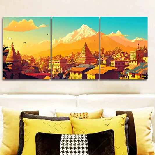 3pcs The city of Nuwakot Art Painting Metal Print Ready to Hang Art