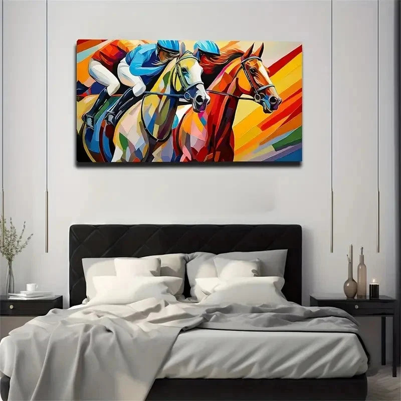 Racehorse Rider Bright Color Wall Art Canvas Office Home Room Framed 80x45cm