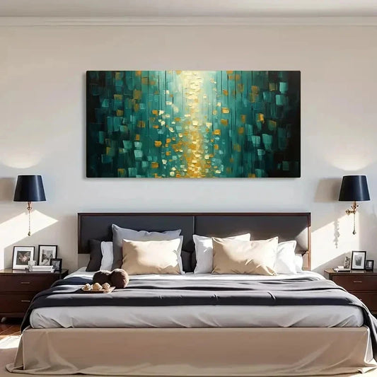 Modern Abstract Teal & Golden Wall Art Canvas Office Home Room Framed 120x60cm