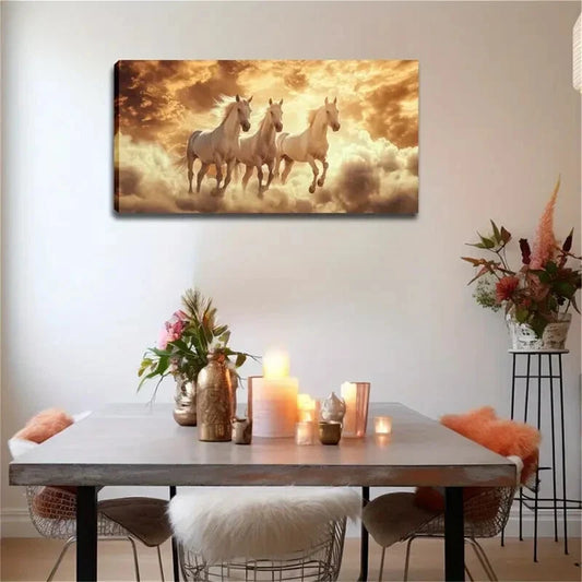 Three White Horses Standing Wall Art Canvas Office Home Room Framed 120x60cm