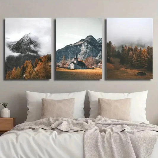 3pcs Nature Mountain Tops Pine Tree Sunrise Metal Print Ready to Hang Art