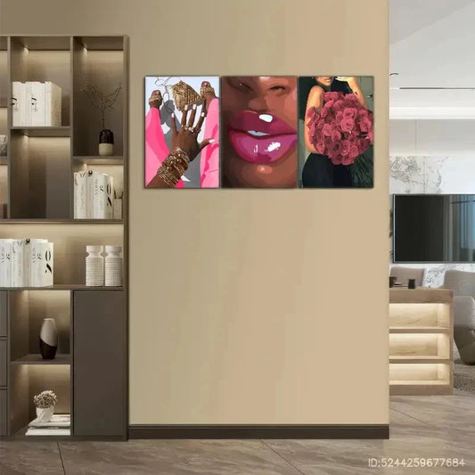 3pcs Elegant Female Portraits & Pink Rose Bouquet Metal Print Ready to Hang Art